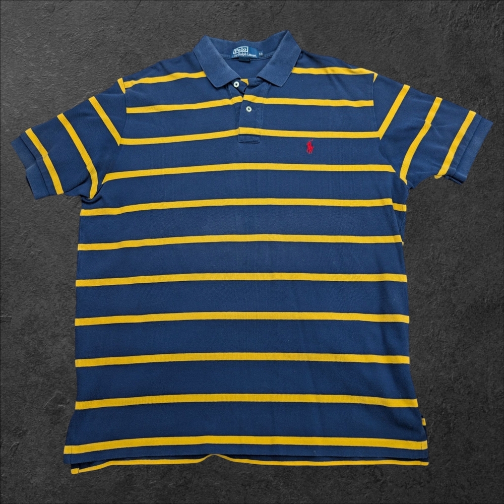 Polo by Ralph Lauren Men's Blue and Yellow Striped Shirt XL